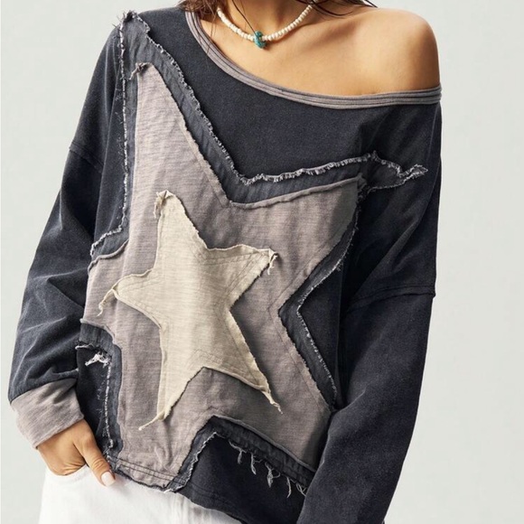 Star patchwork top shirt short sleeve Black and Gray Star Patch Sweater - Picture 2 of 4
